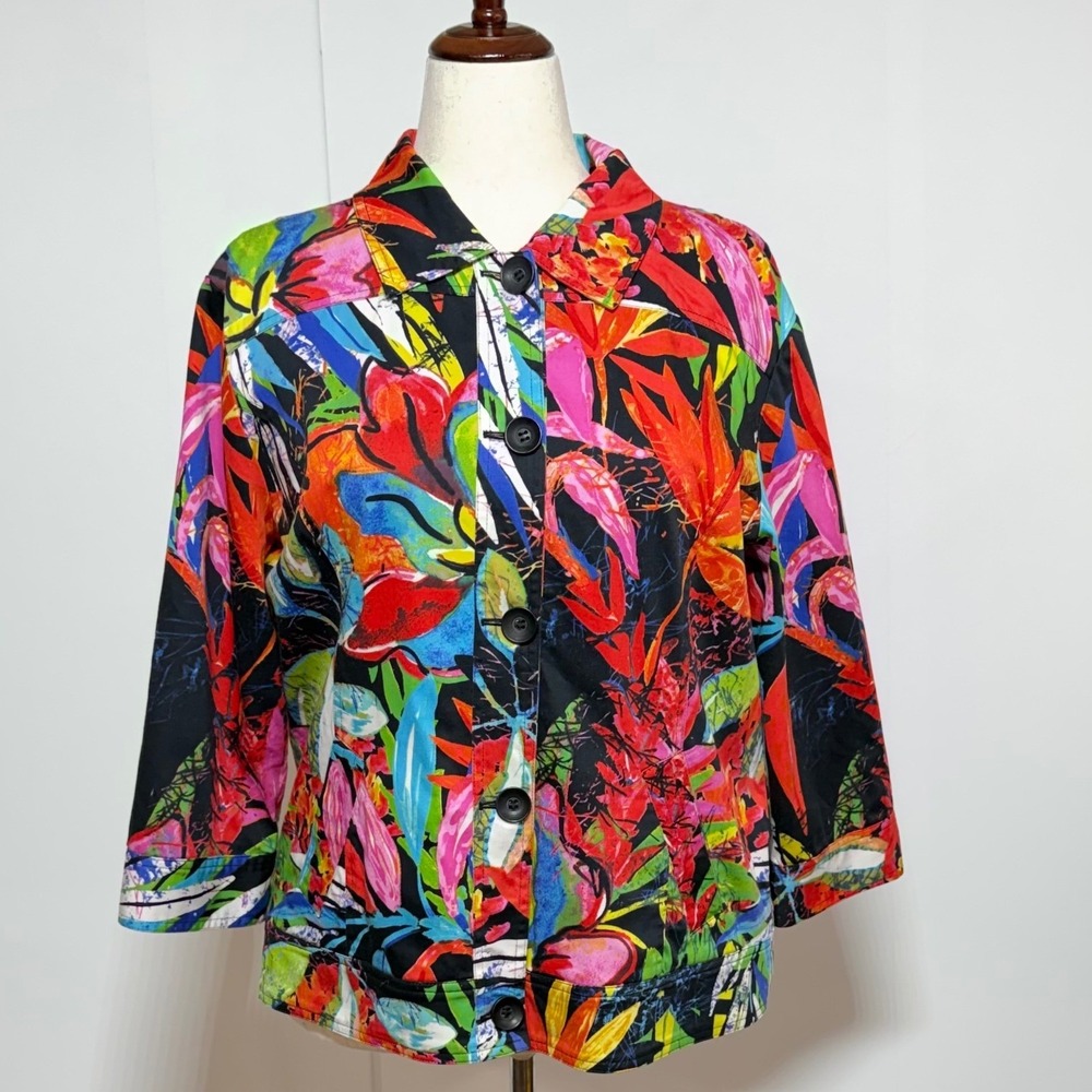 Chico's Tropical Floral Button-Front Jacket in Black, Red, Pink, Green, Blue